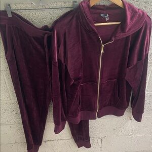 Felina Velour Zip Hoodie Jacket and Jogger Set in Burgundy
